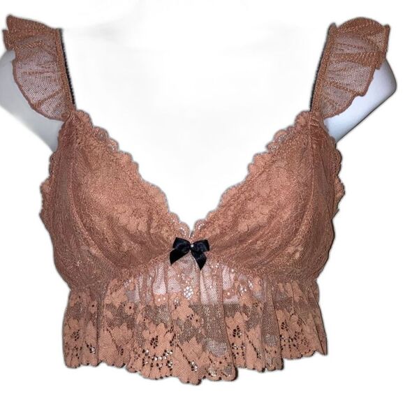 OUT FROM UNDER Chloe Lace Swiss Dot Romantic Bralette Light Sand Womens Medium - Picture 1 of 12